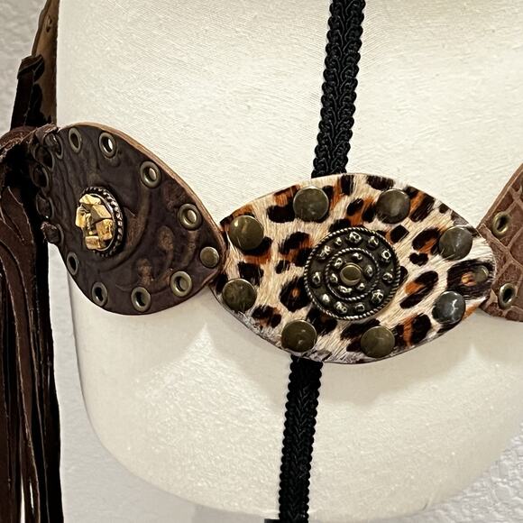 Leatherock Wide Brown Mixed Leather Ovals Joined Belt Boho 2059 M/L Fringe Tie - Picture 5 of 14